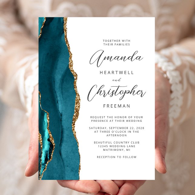 Invitation Mariage de script Agate Turquoise Blue Gold (Créateur téléchargé)