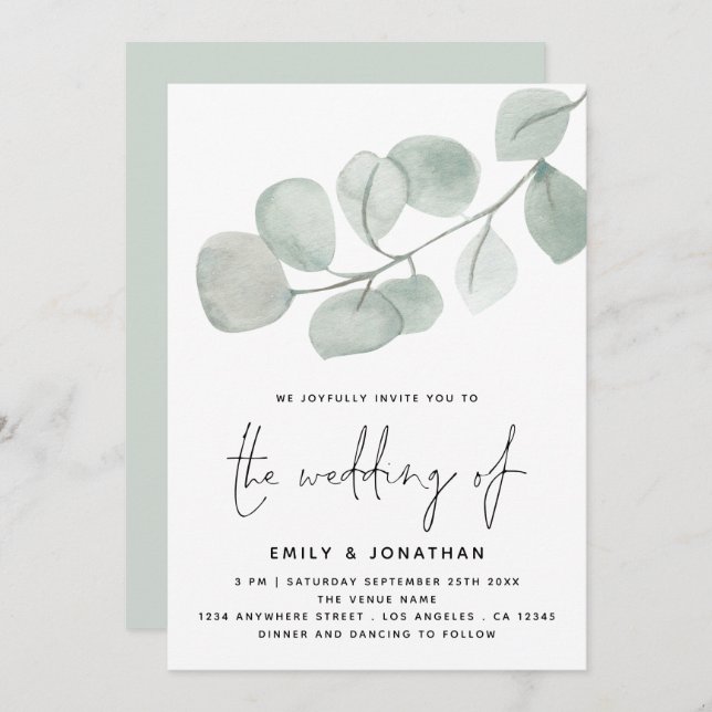 Invitation Mariage de script Artsy Eucalyptus aquarelle (Devant / Derrière)
