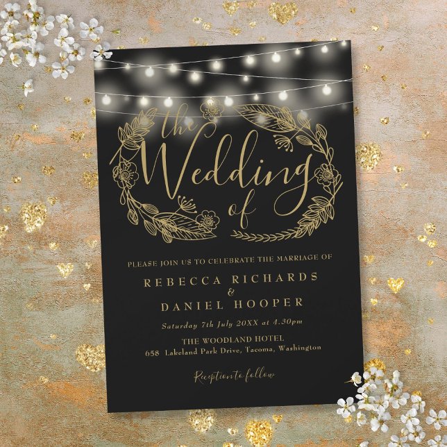 Invitation Mariage de script Black And Gold (Black And Gold String Lights Script Wedding Invitation)