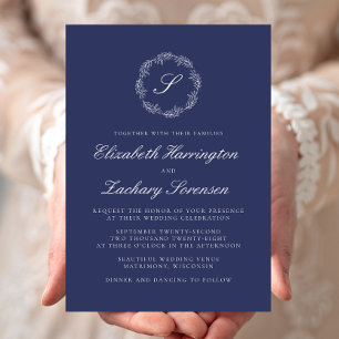 Invitation Mariage de script blanc de monogramme bleu marine