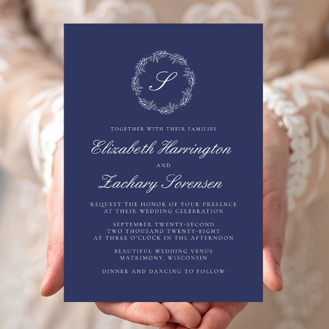 Invitation Mariage de script blanc de monogramme bleu marine (Créateur téléchargé)