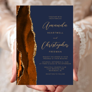 Invitation Mariage de script bleu Burange Orange Agate Gold N