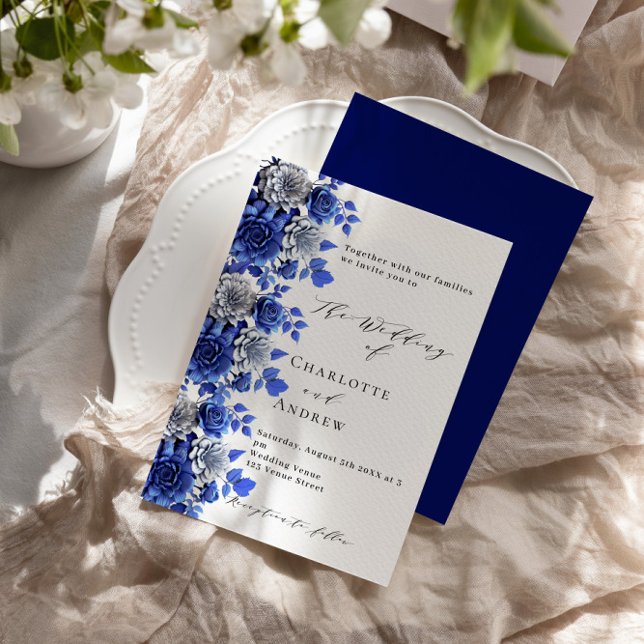 Invitation Mariage de script bleu floral blanc (Créateur téléchargé)