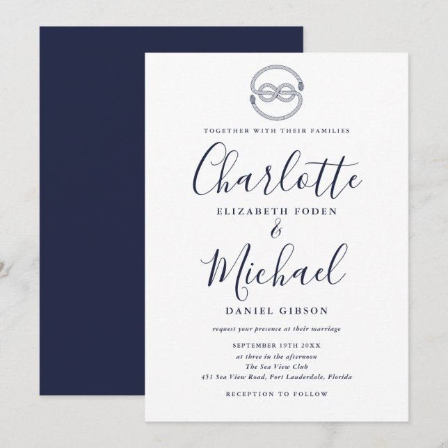 Invitation Mariage de script bleu marine de noeud nautique (Devant / Derrière)