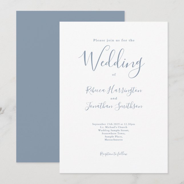 Invitation Mariage de script bleu poussiéreux minimal (Devant / Derrière)