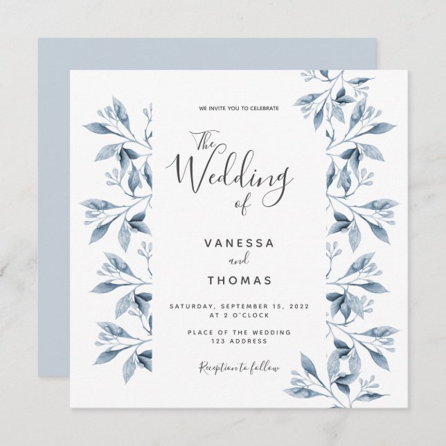 Invitation Mariage de script botanique blanc bleu (Devant / Derrière)