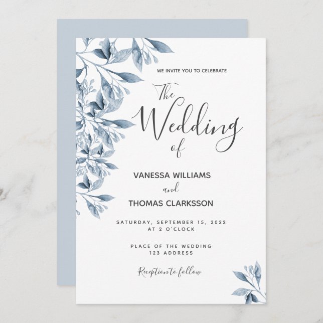 Invitation Mariage de script botanique blanc bleu (Devant / Derrière)