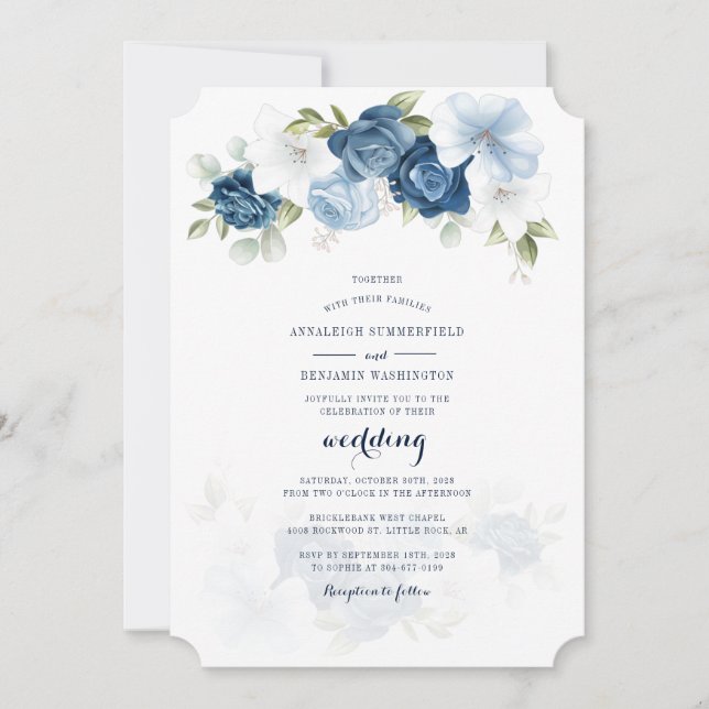 Invitation Mariage de script botanique bleu Dusty Floral (Devant)