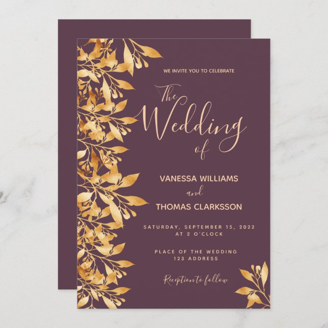 Invitation Mariage de script botanique en or violet Cassis (Devant / Derrière)
