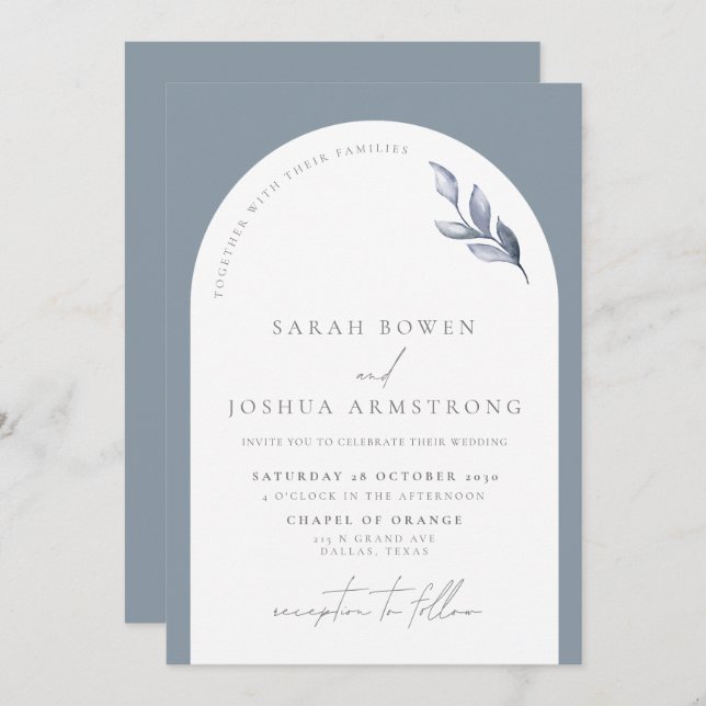 Invitation Mariage de script botanique moderne Dusty Blue Arc (Devant / Derrière)