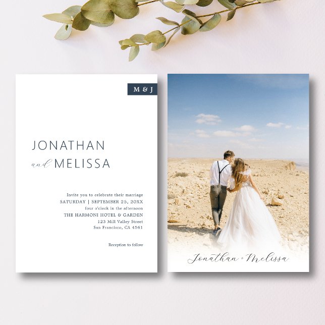 Invitation Mariage de script classique blanc et bleu marine (Créateur téléchargé)