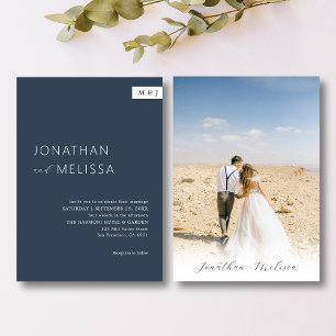 Invitation Mariage de script classique de monogramme bleu mar