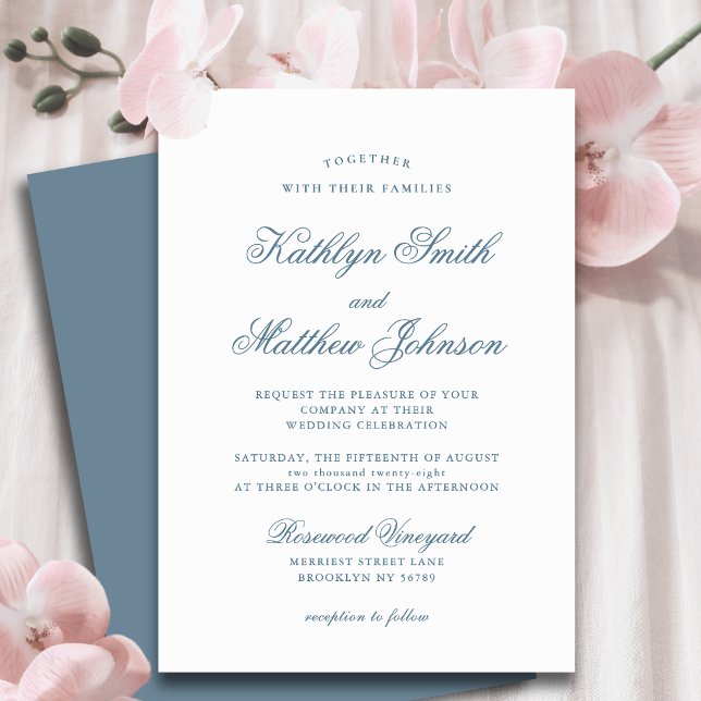Invitation Mariage de script classique Dusty Blue Elegant (Créateur téléchargé)