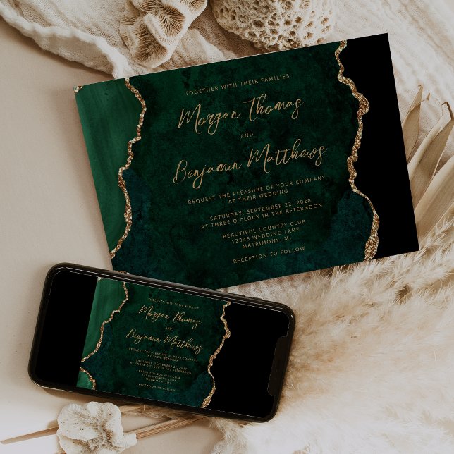 Invitation Mariage de script d'agate d'or Emerald Green (Créateur téléchargé)