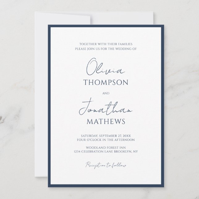 Invitation Mariage de script de bordure bleu marine simple (Devant)