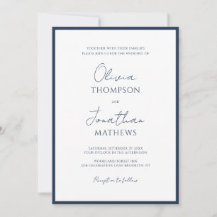 Invitation Mariage de script de bordure bleu marine simple