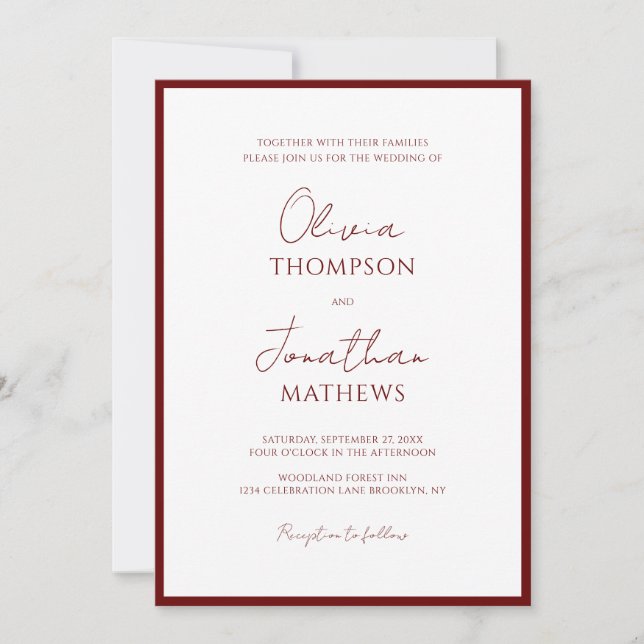 Invitation Mariage de script de bordure rouge bordeaux simple (Devant)
