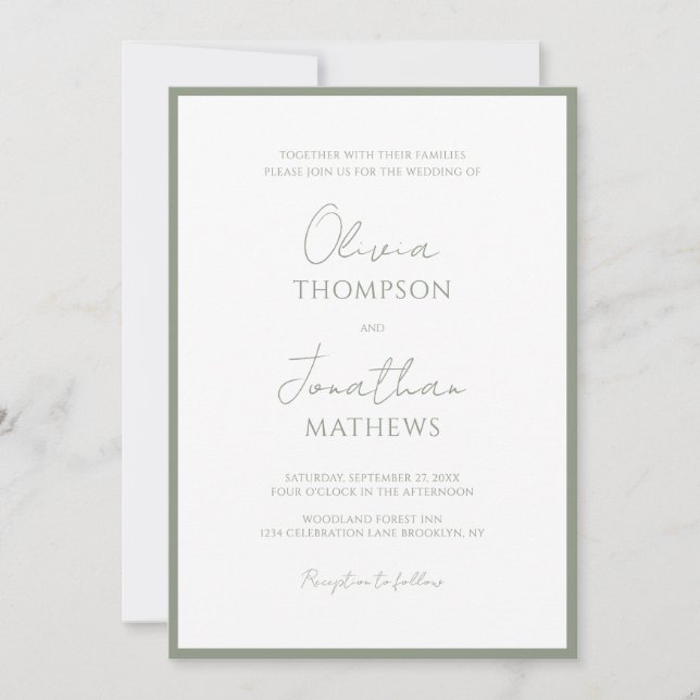 Invitation Mariage de script de bordure vert simple Sage (Devant)