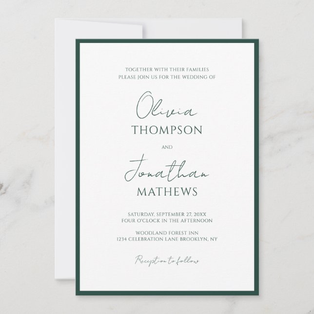 Invitation Mariage de script de bordure verte de forêt simple (Devant)