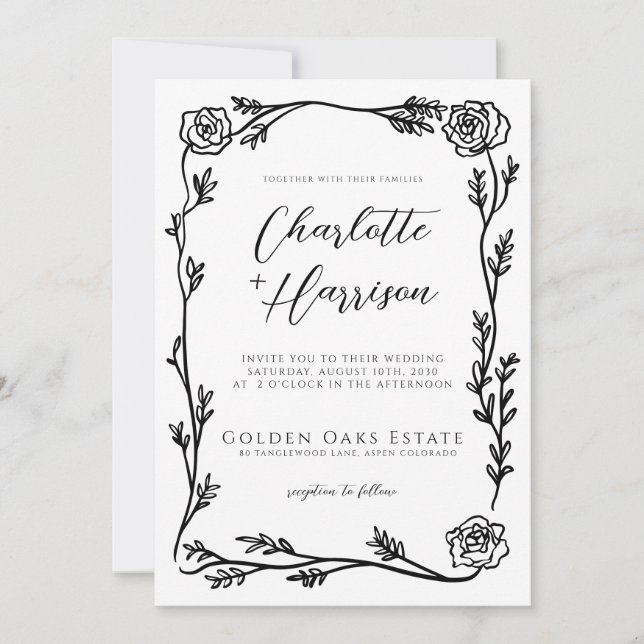 Invitation Mariage de script de cadre de fleurs (Devant)