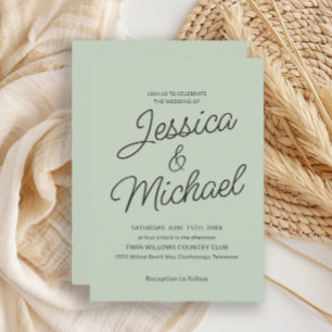 Invitation Mariage de script de charbon vert de Sage moderne