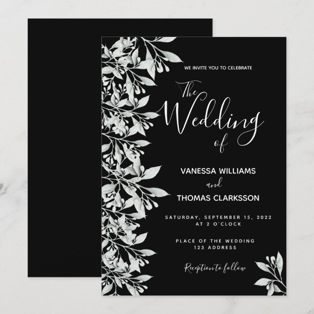 Invitation Mariage de script de feuillage botanique noir (Devant / Derrière)