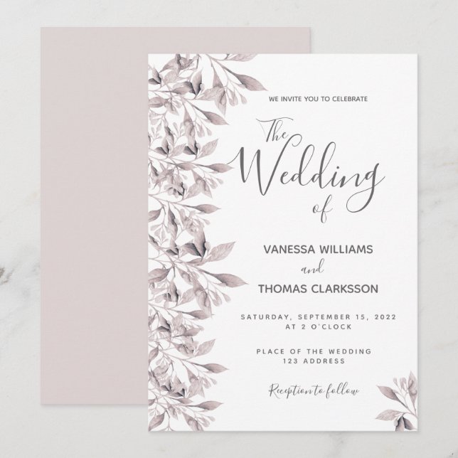 Invitation Mariage de script de feuillage botanique rose Dust (Devant / Derrière)