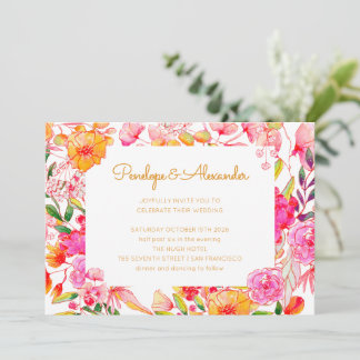 Invitation Mariage de script de fleurs d'aquarelle rose et or