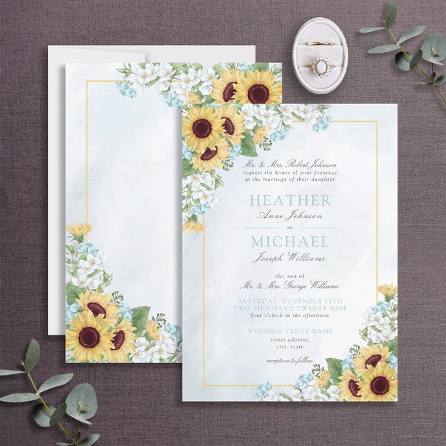 Invitation Mariage de script de fleurs de tournesol bleu fonc (Créateur téléchargé)