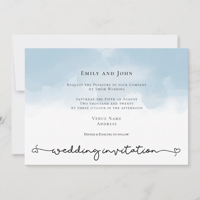 Invitation Mariage de script de lavage de coeur bleu clair (Devant)