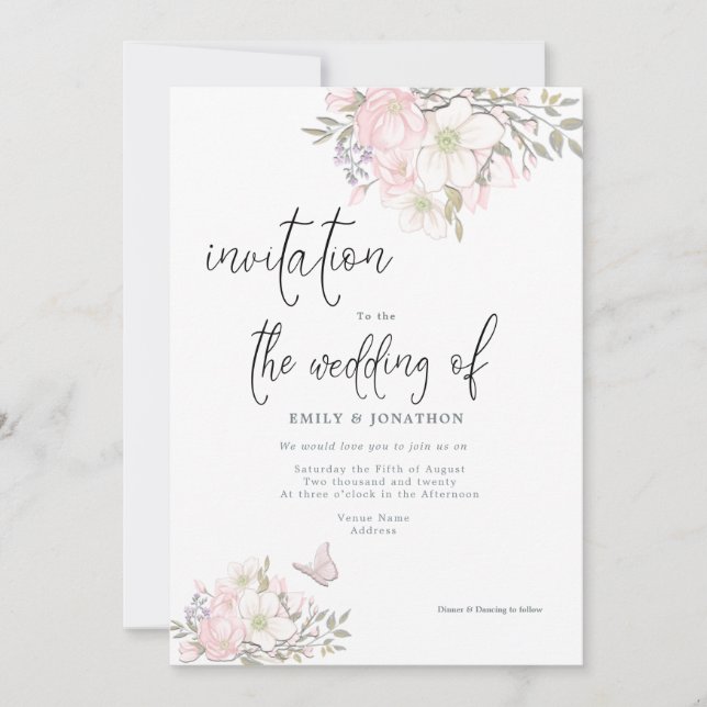 Invitation Mariage de script de papillon rose blanc Magnolias (Devant)