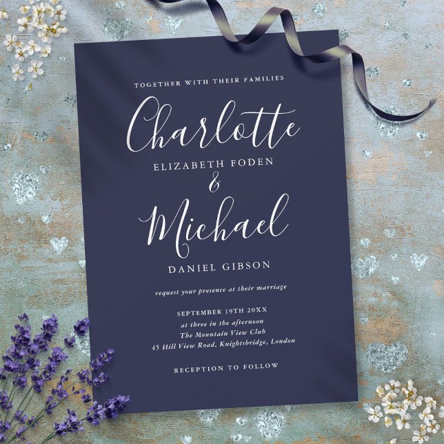 Invitation Mariage de script de signature élégant bleu marine (Navy Blue Elegant Signature Script Wedding Invitation)