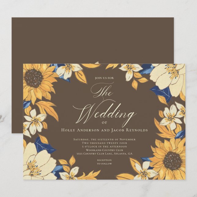 Invitation Mariage de script de tournesol aquarelle (Devant / Derrière)