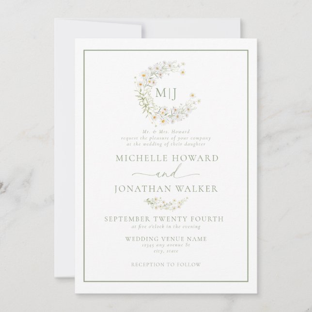Invitation Mariage de script élégant de la couronne florale d (Devant)