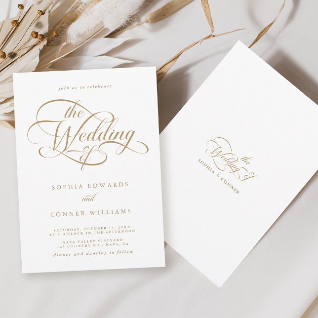 Invitation Mariage de script élégant Delicate Gold & White (Front & Back)