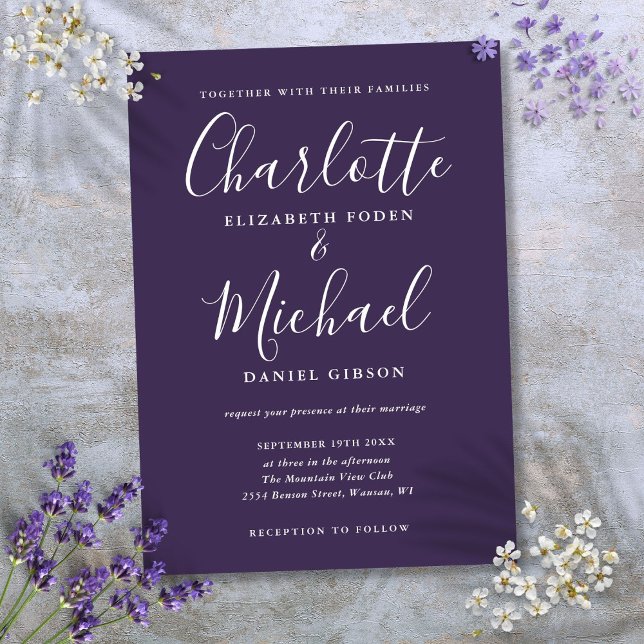 Invitation Mariage de script élégant minimaliste violet (Purple Minimalist Elegant Script Wedding Invitation)