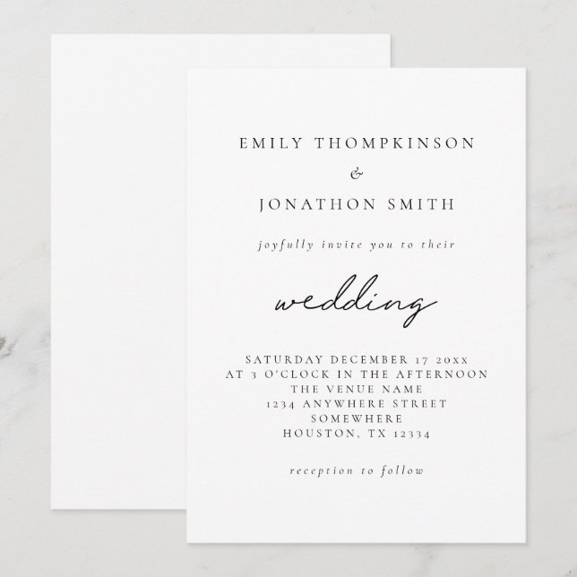 Invitation Mariage de script élégant noir simple (Devant / Derrière)