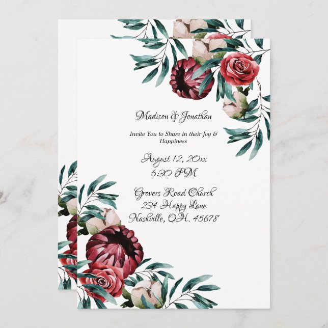 Invitation Mariage de script élégant Red Roses Watercolor (Devant / Derrière)