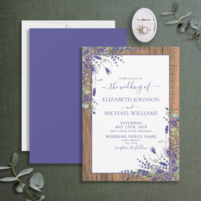 Invitation Mariage de script en bois de Lavande Rustique Euca (Créateur téléchargé)