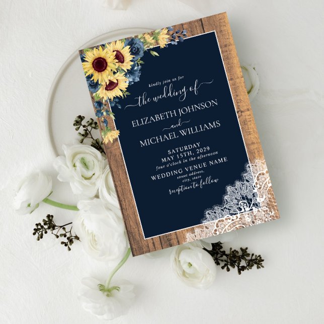 Invitation Mariage de script en dentelle de tournesol bleu de (Créateur téléchargé)
