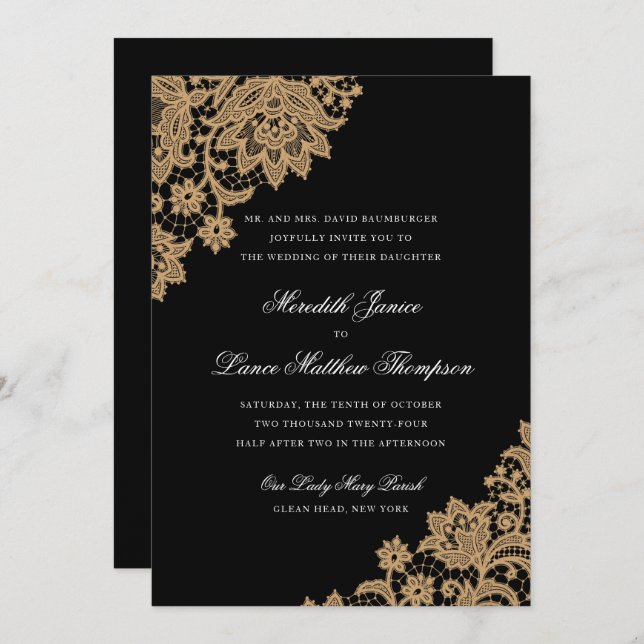 Invitation Mariage de script en noir et or du coin dentelle d (Devant / Derrière)