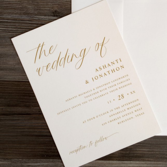 Invitation Mariage de script en or et en ivoire Delicate simp (Gold and Light Cream Romantic Wedding Invitations - Elegant and Soft)