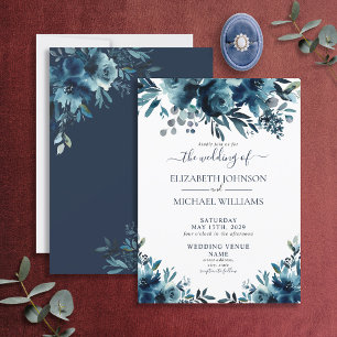 Invitation Mariage de script Floral bleu de la marine russe