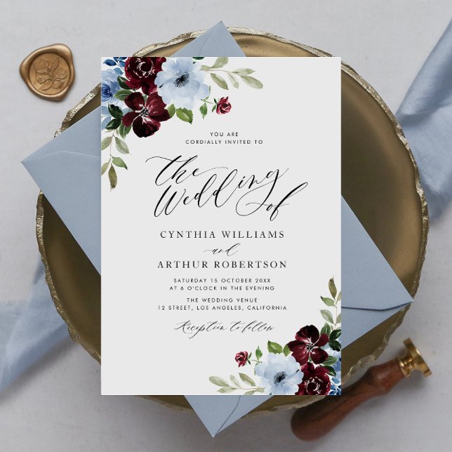 Invitation mariage de script floral bleu roux bordeaux (Créateur téléchargé)