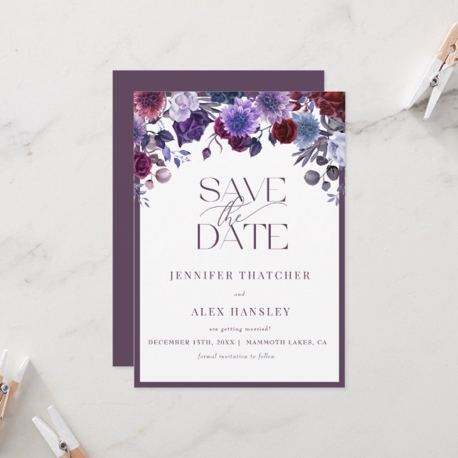 Invitation Mariage de script floral violet Enregistrer la dat (Devant/Arrière en situation)