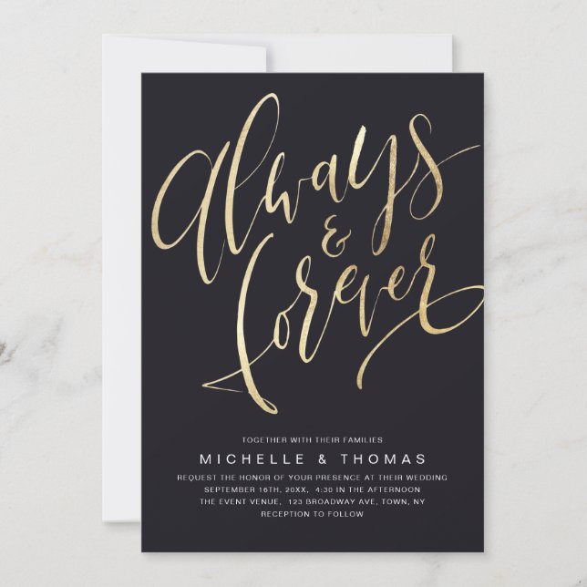 Invitation Mariage de script Gold et Black Always and Forever (Devant)