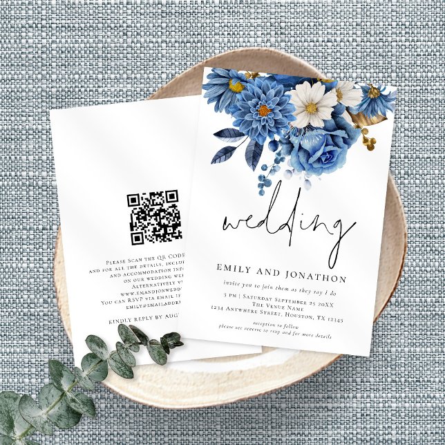 Invitation Mariage de script informel Navy Blue Florals (Créateur téléchargé)