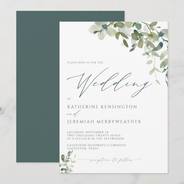 Invitation Mariage de script minimaliste Eucalyptus moderne (Devant / Derrière)