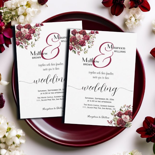 Invitation Mariage de script moderne floral de Bourgogne (Créateur téléchargé)