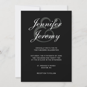 Invitation Mariage de script moderne noir élégant blanc gris